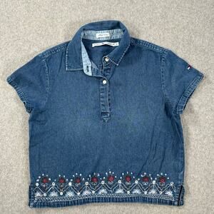 Tommy Hilfiger Women's 10 Floral Embroidered Blue Jean Denim Blouse Short Sleeve